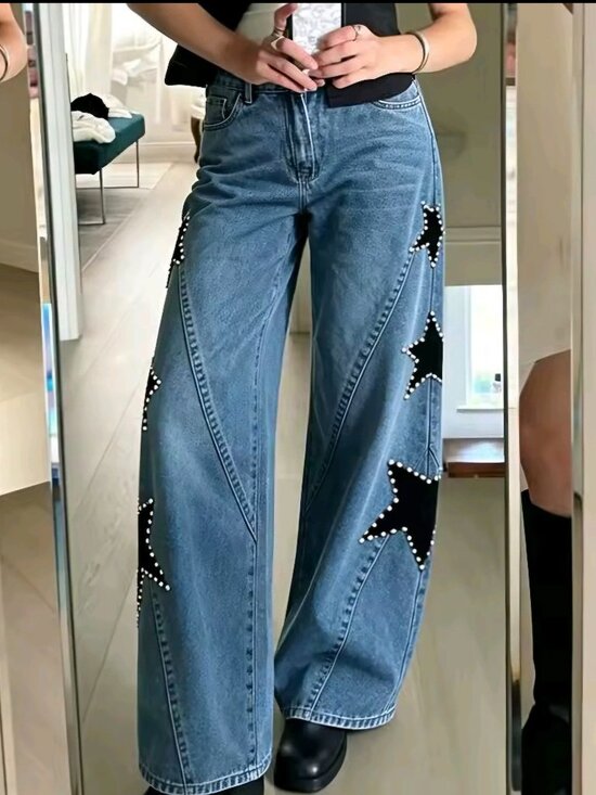 Denim - Women Rhinestone Star Patch Jeans Wide Leg Baggy Denim Pants Aesthetic Grunge